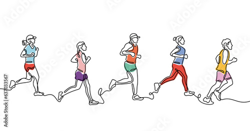 Running people continuous line colourful vector illustration