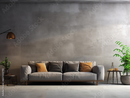 Loft style interior, gray sofa, concrete wall texture