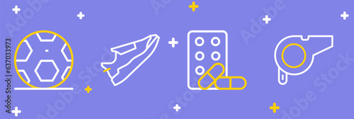 Set line Whistle, Sports doping with dumbbell, Fitness sneakers shoes and Soccer football ball icon. Vector