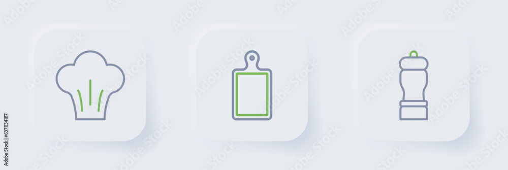 Set line Pepper, Cutting board and Chef hat icon. Vector Set line Pepper, Cutting board and Chef hat icon. Vector