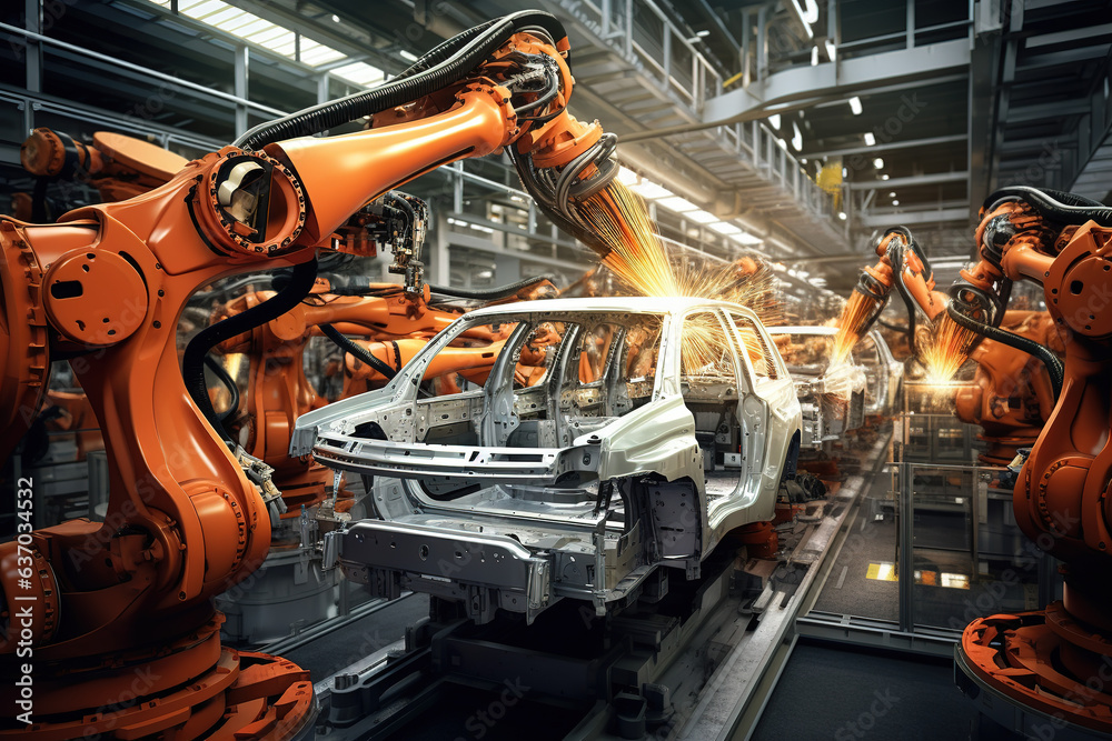Robotic assembly line in an automotive factory