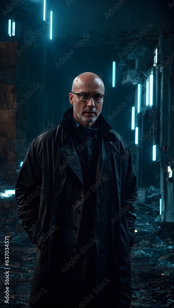 Naklejka premium A mysterious man in a black trench coat standing in a dimly lit room