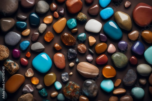 Colorful rocks and stones on an isolated brown background - AI Generative