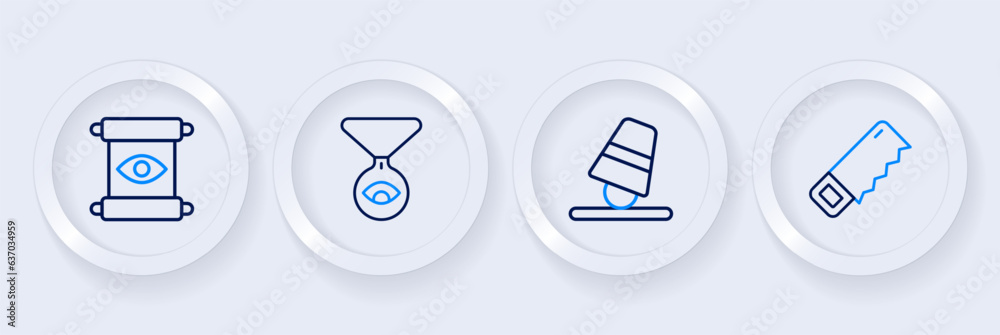 Set line Hand saw, Game thimbles, Medallion on chain with eye and Magic scroll icon. Vector Set line Hand saw, Game thimbles, Medallion on chain with eye and Magic scroll icon. Vector