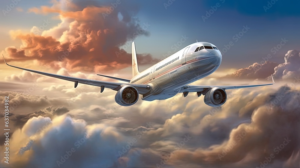 Commercial airplanes fly above the clouds, generated by ai Commercial airplanes fly above the clouds, generated by ai
