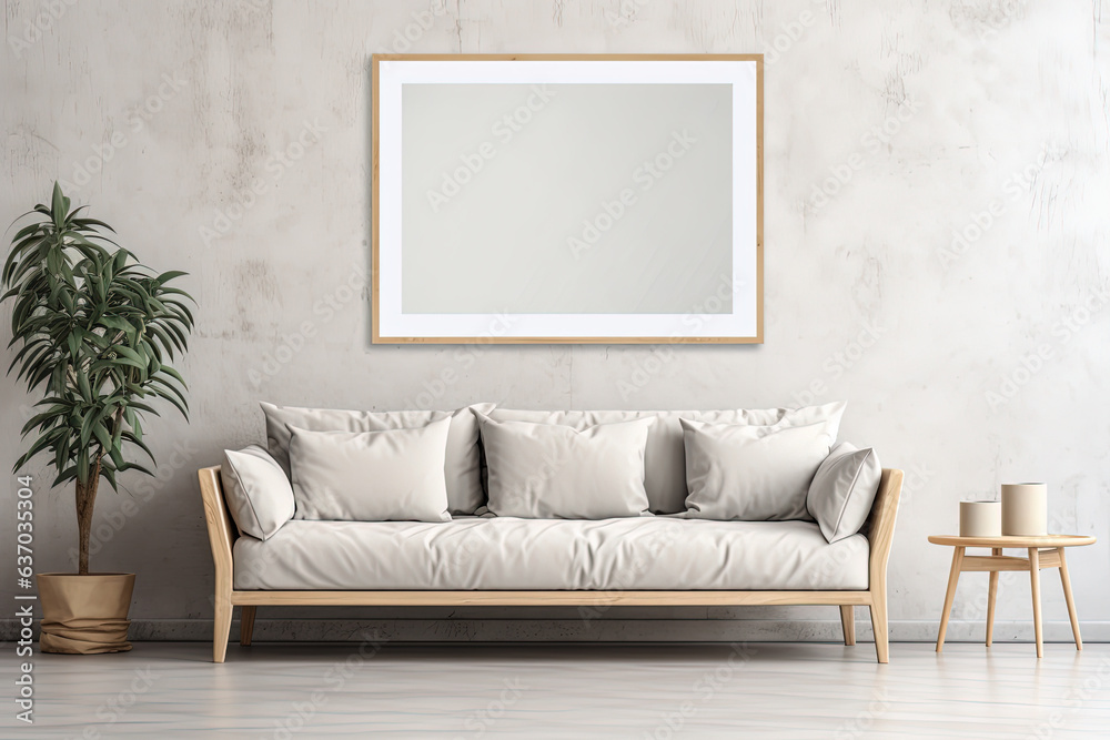 Rectangular vertical frame poster mockup, Scandinavian style interior with home decoration on the floor empty neutral white wall background. 3D render illustration Rectangular vertical frame poster mockup, Scandinavian style interior with home decoration on the floor empty neutral white wall background. 3D render illustration