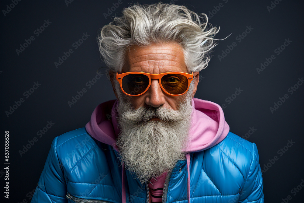 Close up portrait of a hipster senior man with blue jacket and orange glasses
