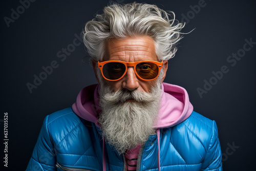 Close up portrait of a hipster senior man with blue jacket and orange glasses © michaelheim