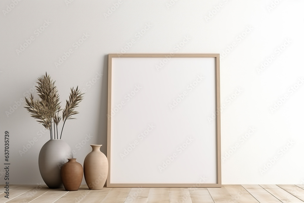 Rectangular vertical frame poster mockup, Scandinavian style interior with home decoration on the floor Empty neutral white wall background. 3D render illustration