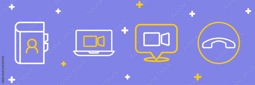 Set line Telephone handset, Video chat conference, and Phone book icon. Vector Set line Telephone handset, Video chat conference, and Phone book icon. Vector