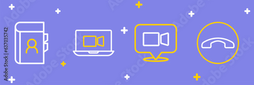 Set line Telephone handset, Video chat conference, and Phone book icon. Vector