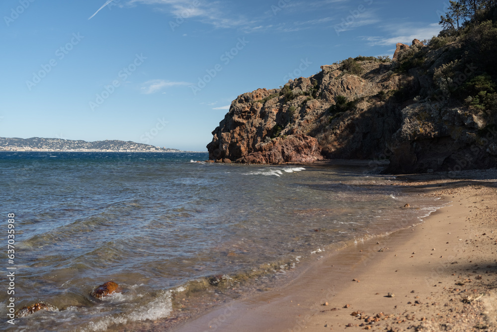 Aiguille beach in Theoule sur Mer on the French Riviera coast Aiguille beach in Theoule sur Mer on the French Riviera coast