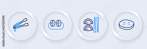 Set line Homemade pie, Dumpling with chopsticks, Sushi and Food noodles icon. Vector