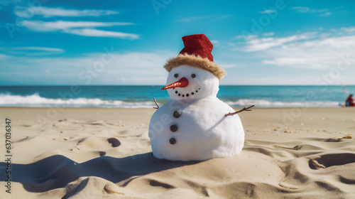 A Sandman stands proud on a sun-kissed beach  Santa hat atop its sandy head. The azure waves gently lap at its base as palm shadows dance. A tropical twist on Christmas. Created Using Generative AI 