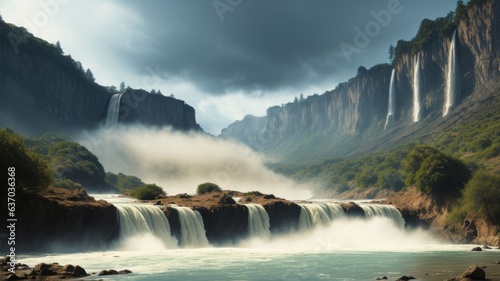 A cascading waterfall, with mist and sprinkle making an ethereal spread impact insides the tallying discussion nearly. Creative resource, AI Generated photo