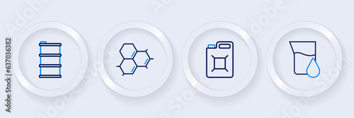 Set line Oil petrol test tube, Canister for gasoline, Molecule oil and Barrel icon. Vector