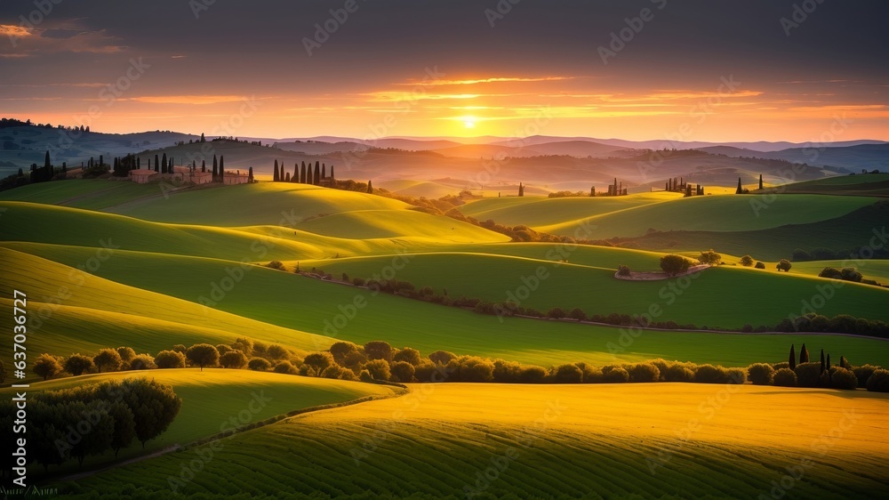 Obraz premium ordinary Tuscany farmland scene, sunset over rolling slants and Tuscany farmland. Creative resource, AI Generated