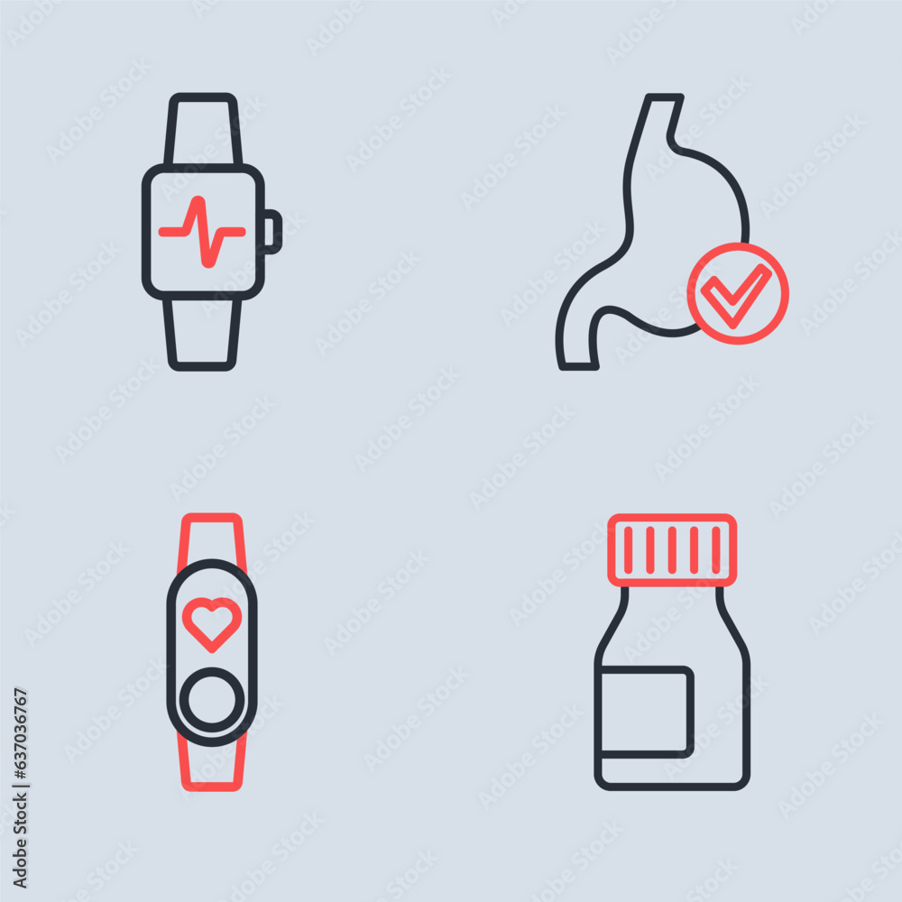 Obraz premium Set line Human stomach health, Smart watch with heart, Vitamins and icon. Vector