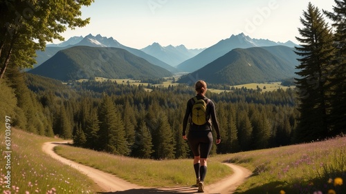 Athletic woman walks on excellent climbing way between glade and trees and the Churfürsten mountain run inside the establishment. Creative resource, AI Generated