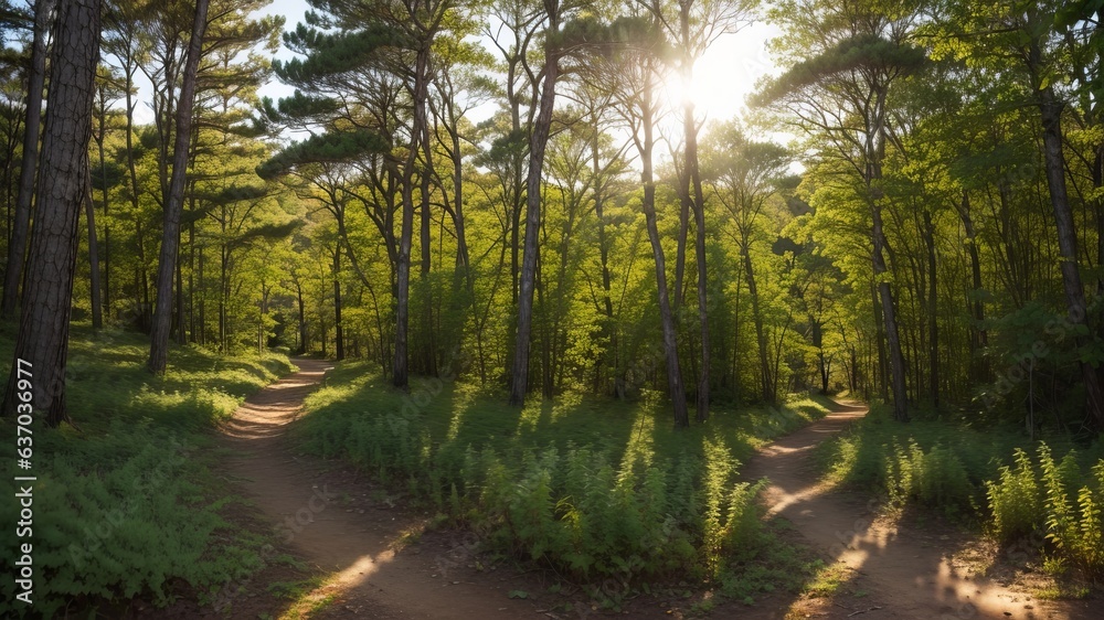 Fototapeta premium an picture of a timberland way winding through sunlit clearings and thick foliage. Creative resource, AI Generated