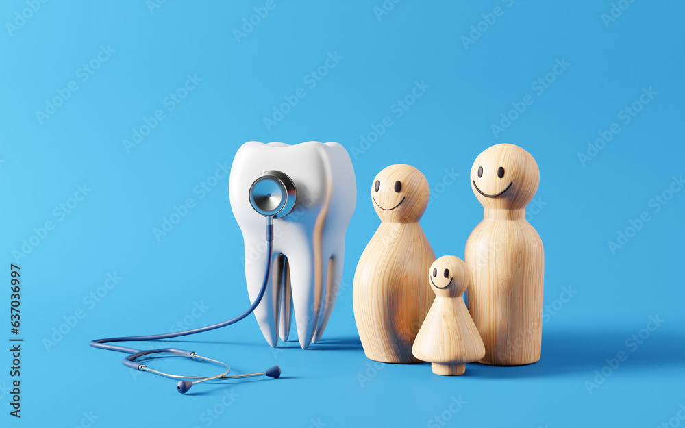 Obraz premium Healthy white tooth with family icon and Stethoscope. Oral health and dental inspection teeth. Medical dentist tool, children healthcare, 3D render