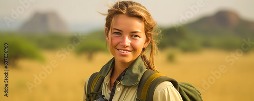 Captivating safari guide, charismatic young woman with intricate braid, in khaki outfit. Skillfully posed against a blurred African savannah backdrop.