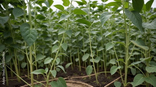 Green soybean plant closeup on a make interior parts the center of the making season. Lines of plenteous soybean plants. Creative resource, AI Generated