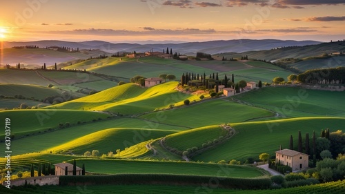 conventional Tuscany farmland scene, nightfall over rolling inclines and Tuscany farmland. Creative resource, AI Generated