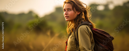 Captivating young safari guide, distinctive braid and khaki gear, side view with ample empty space, in African savannah blurred backdrop.