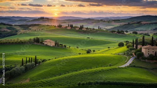 customary Tuscany farmland scene, sunset over rolling slants and Tuscany farmland. Creative resource, AI Generated