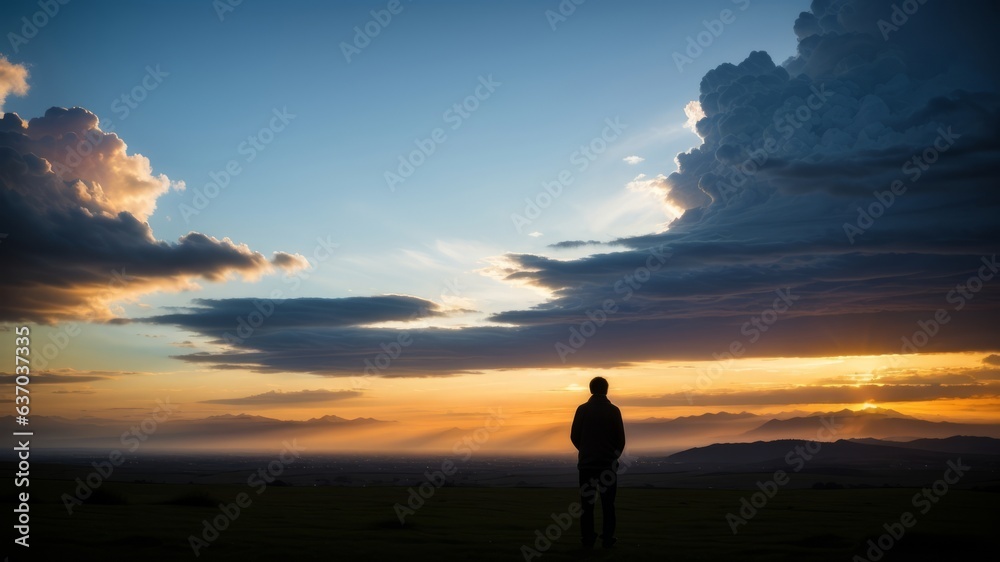 Format of alone individual looking at paradise. Hopeless man standing in meander off in daydream arrive scene with gleaming cloudy sky. Creative resource, AI Generated