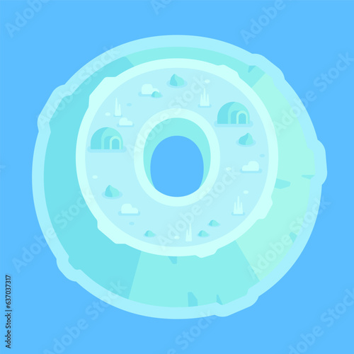 Illustration of the letter O in the form of an island. Illustration of letter O in the form of an island with ice house and snow. Alphabet for children, children's imagery. 