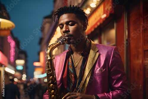 A man playing a saxophone on a busy city street