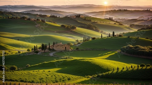 standard Tuscany farmland scene  sunset over rolling slants and Tuscany farmland. Creative resource  AI Generated