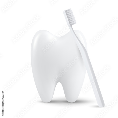 Vector 3d Realistic Tooth with Toothbrush Isolated on White Background. Medical Dentist Design Template, Clipart. Dental Health Concept