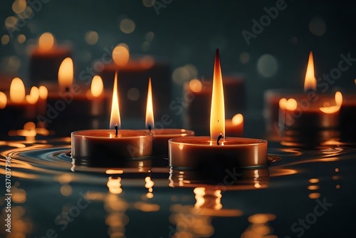 Candles on water expansive scale brings out climatic offer. Charmed reflections make charm. Creative resource, AI Generated
