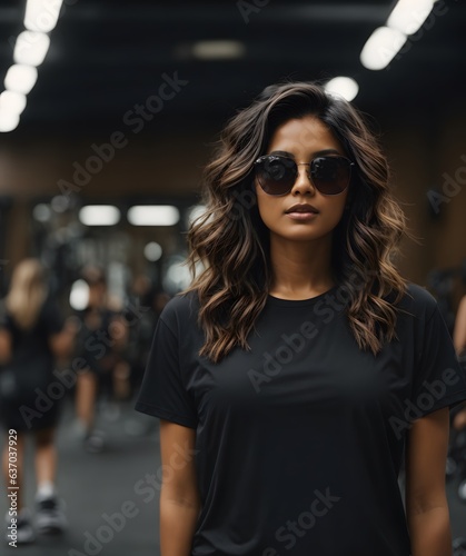 A stylish woman wearing sunglasses and a black shirt photo