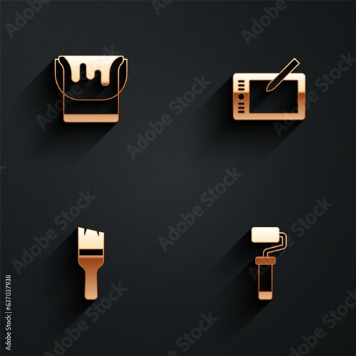 Set Paint bucket, Graphic tablet, brush and roller icon with long shadow. Vector