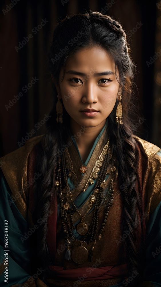 A woman with long hair and elegant jewelry in a beautiful dress A woman with long hair and elegant jewelry in a beautiful dress