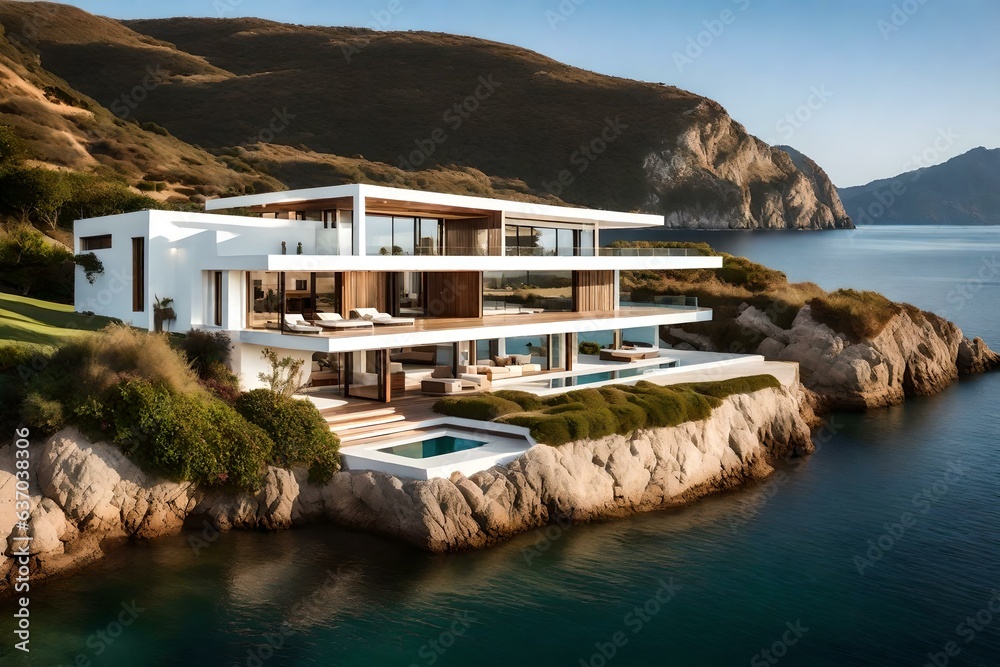 white and brown house nestled near a serene body of water