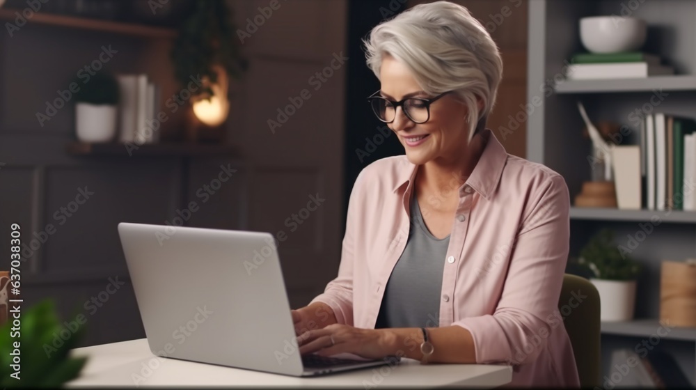 Happy stylish mature old woman remote working from home distance office on laptop taking notes. Smiling 60s middle aged business lady using computer watching webinar sit on couch writing in notebook Happy stylish mature old woman remote working from home distance office on laptop taking notes. Smiling 60s middle aged business lady using computer watching webinar sit on couch writing in notebook