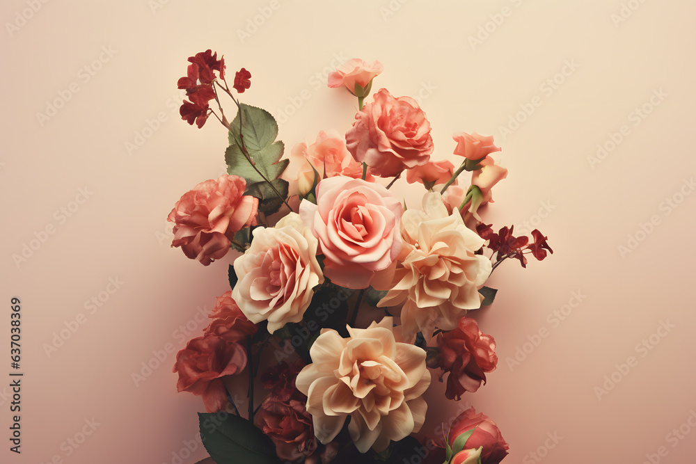 Beautiful composition rose flower bouquet on plain color background