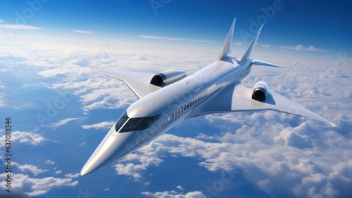 Modern futuristic supersonic passenger jet over clouds photo