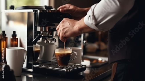 Man hand using modern coffee machine, in the morning making espresso coffee, on blurred background.