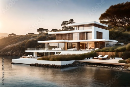white and brown house nestled near a serene body of water © rao zabi