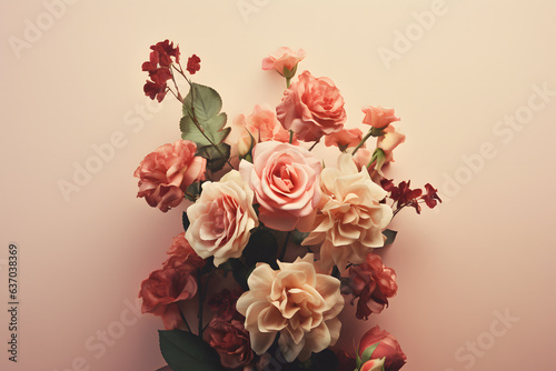 Beautiful composition rose flower bouquet on plain color background