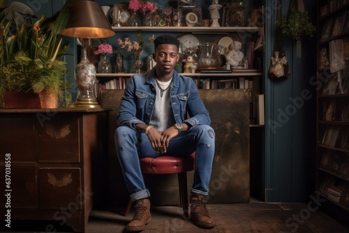 A young black man wearing a blue jacket and blue jeans, with a neutral expression sitting on a stool inside a historic city apartment, with wooden shelving and house plants in the background. 