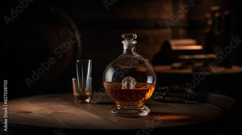 A glass of whiskey or brandy with a decanter. On the background of an oak barrel.