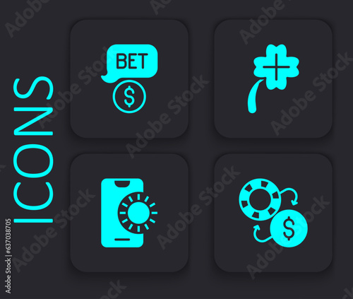 Set Casino chips exchange, with dollar, slot machine clover and Online sports betting icon. Black square button. Vector