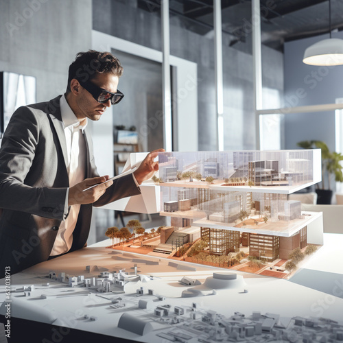 Architect with VR glasses in the studio. Generative AI.